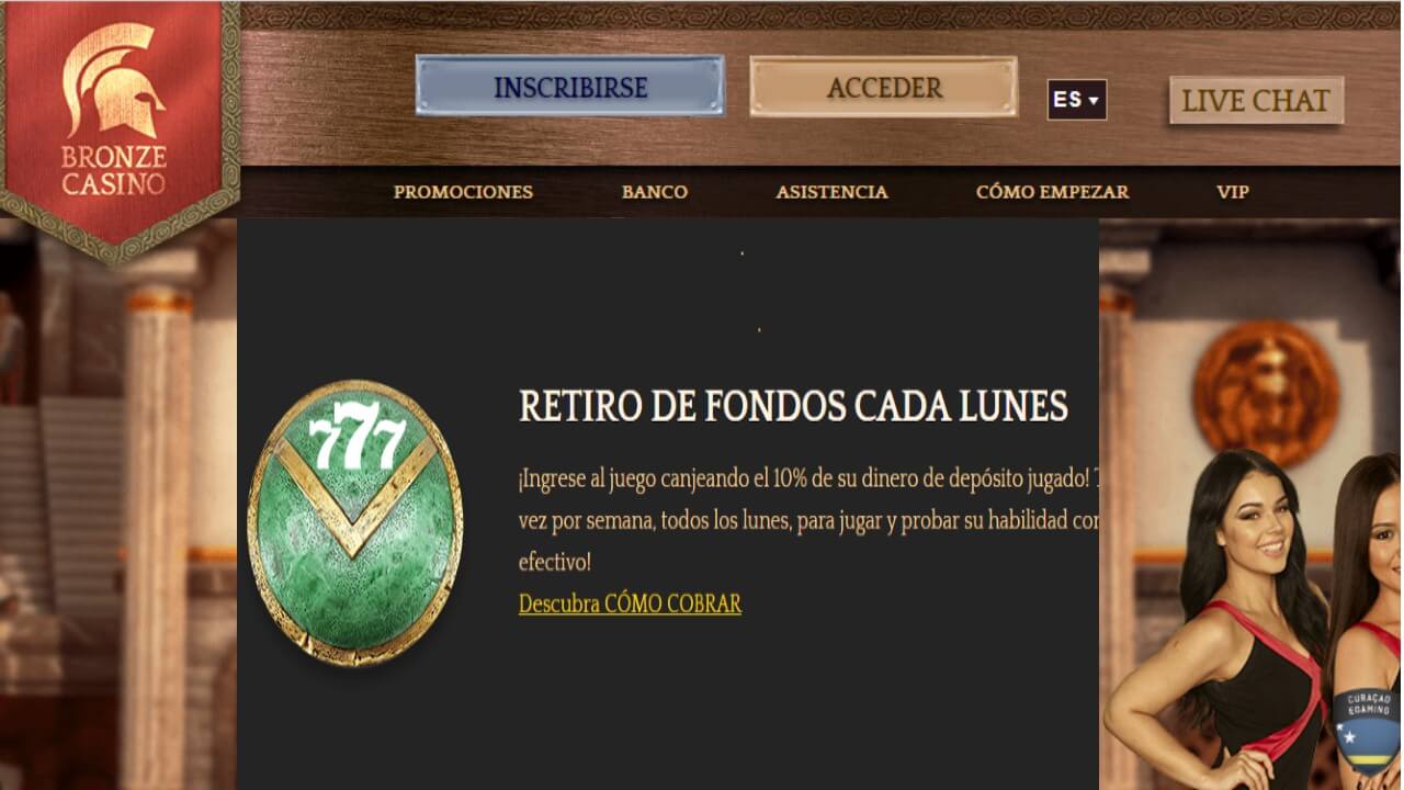 Lunes de reembolso del 10% por retiro en Bronze Casino